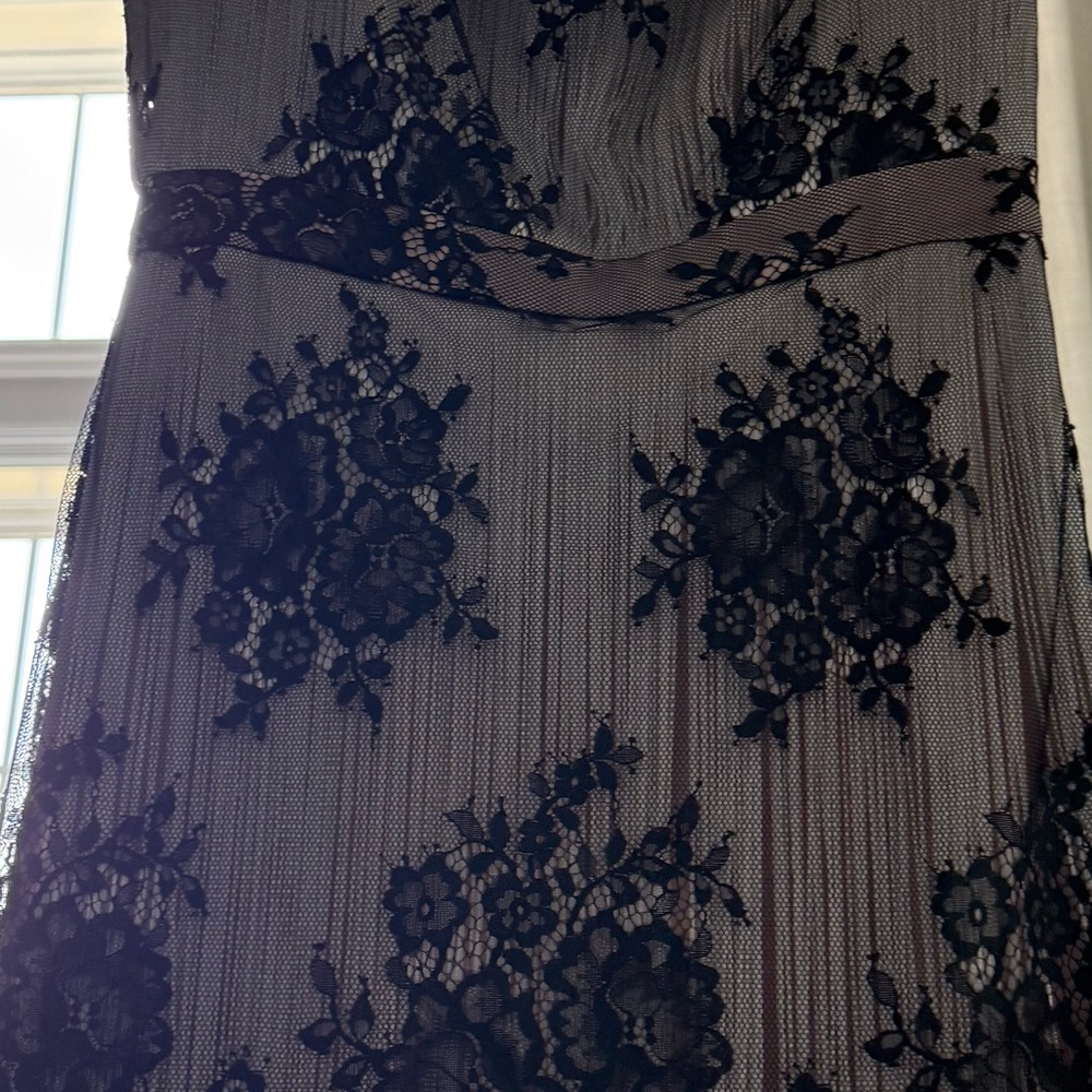 Reiss Black Floral Lace Strapless Dress with Nude Underlay